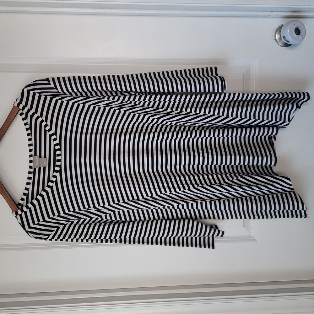 Chico's Flowy Striped Tunic Length Blouse Top Size XL Black White